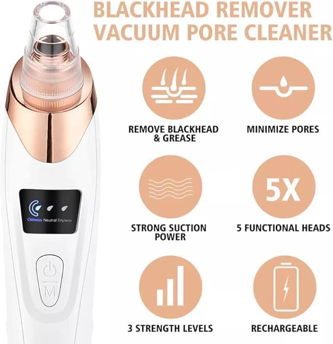 5 in 1 Rechargeable Electric blackhead remover vacuum machine Suction face cleaner machine Acne Pore Cleaner Whitehead Remover All Skin Types Pimple Cleaner