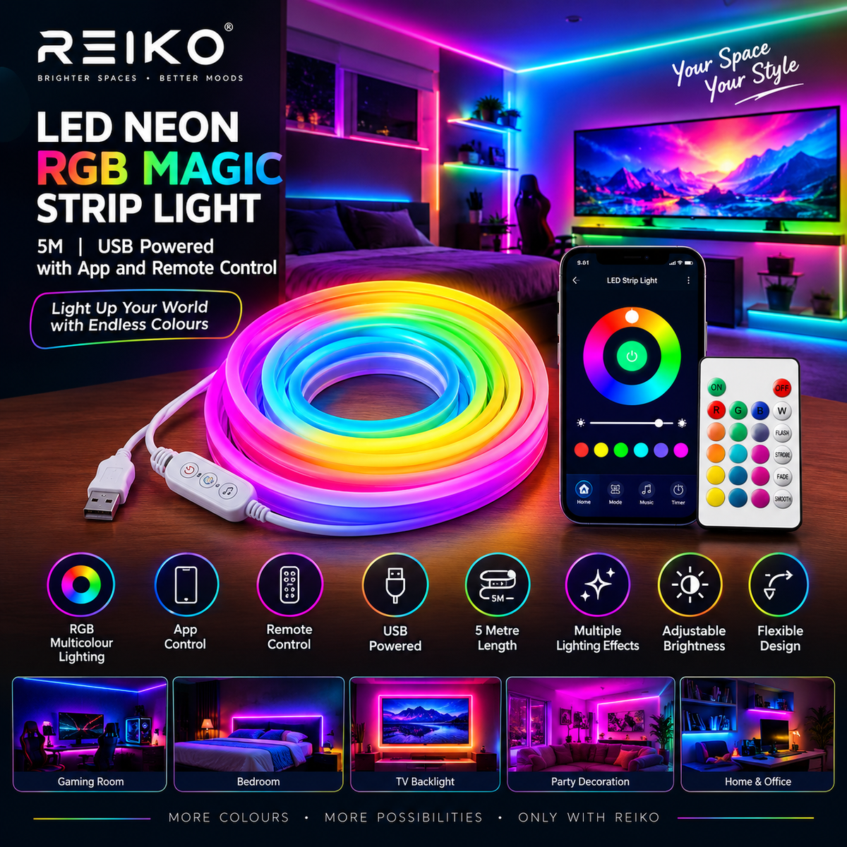 LED Neon RGB Magic Strip Light 5M USB Powered with App and Remote Control